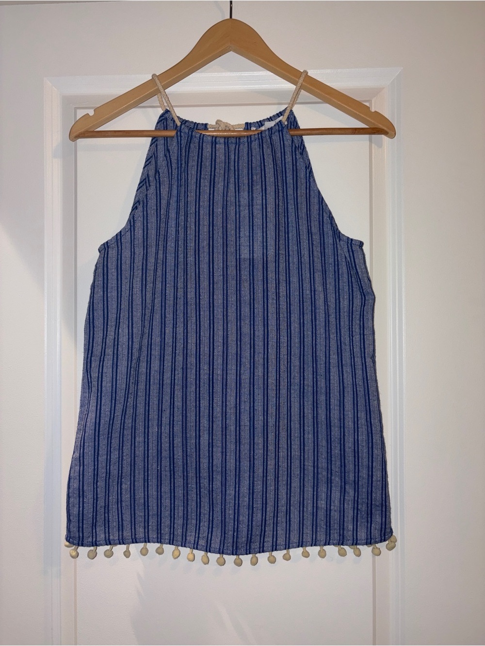 THML | NWT Blue Striped Tank with Pom Trim
